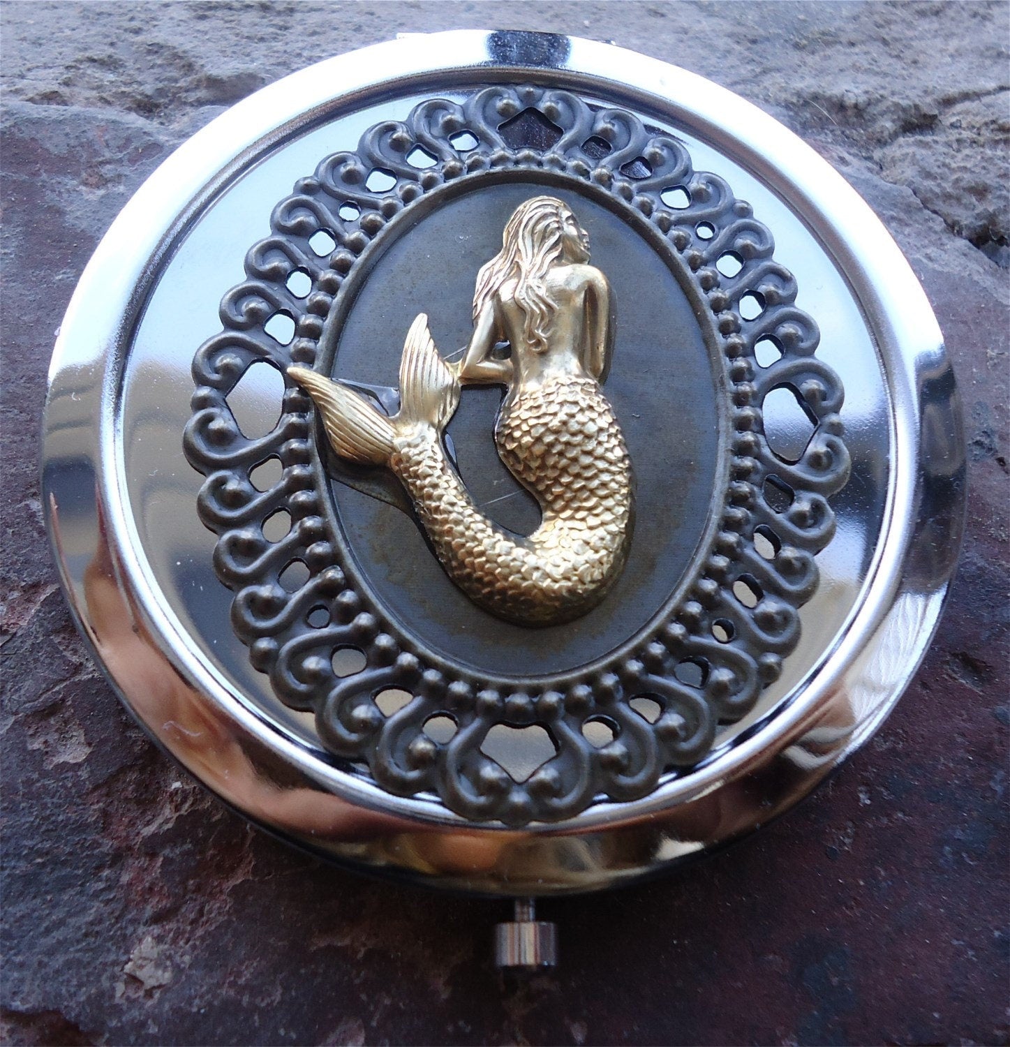 Mermaid Compact Mirror - Victorian Siren - Nautical - Filigree - Make Up - Cosmetics - Pocket Mirror