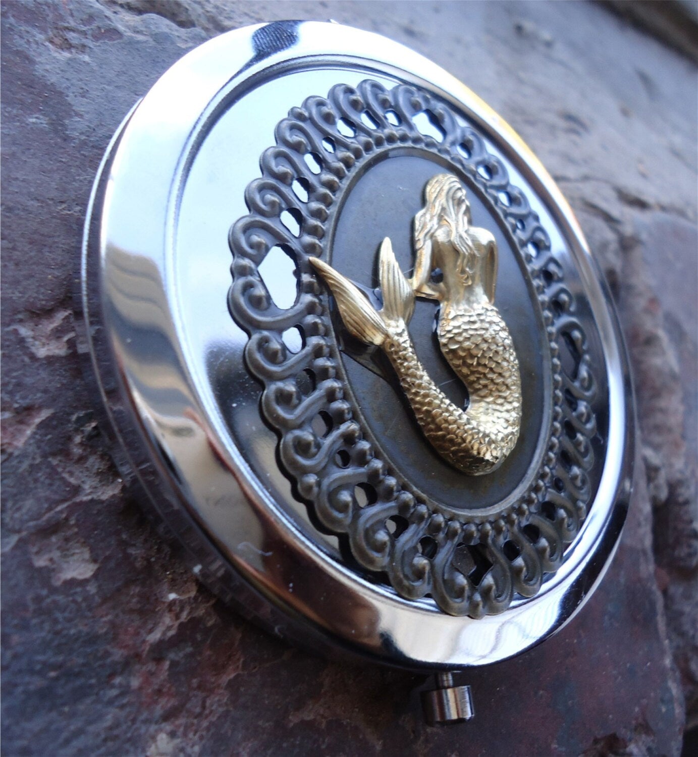 Mermaid Compact Mirror - Victorian Siren - Nautical - Filigree - Make Up - Cosmetics - Pocket Mirror